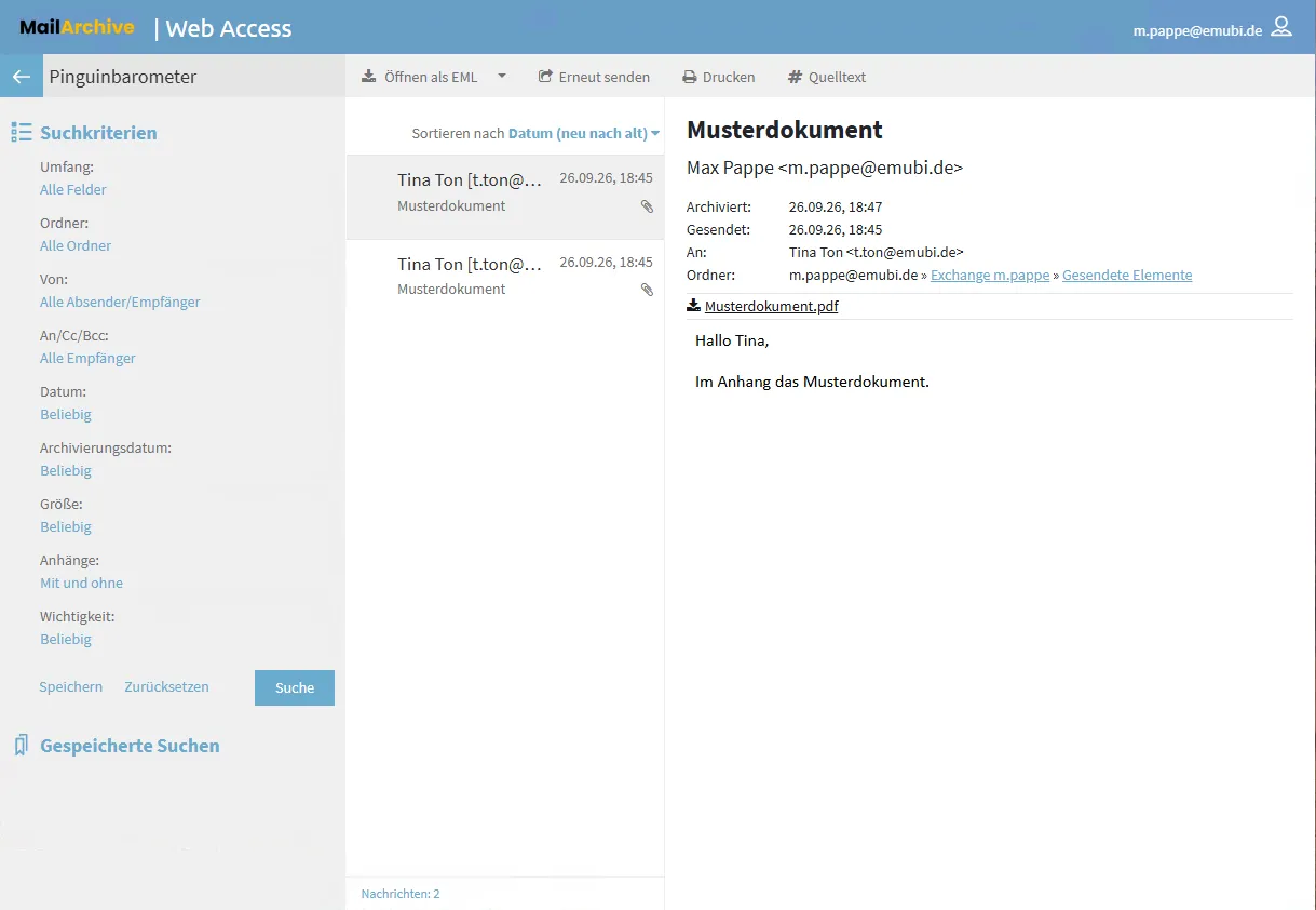 MailArchive Web Access: Suche nach archivierten E-Mails mit Suchkriterien und Vorschau