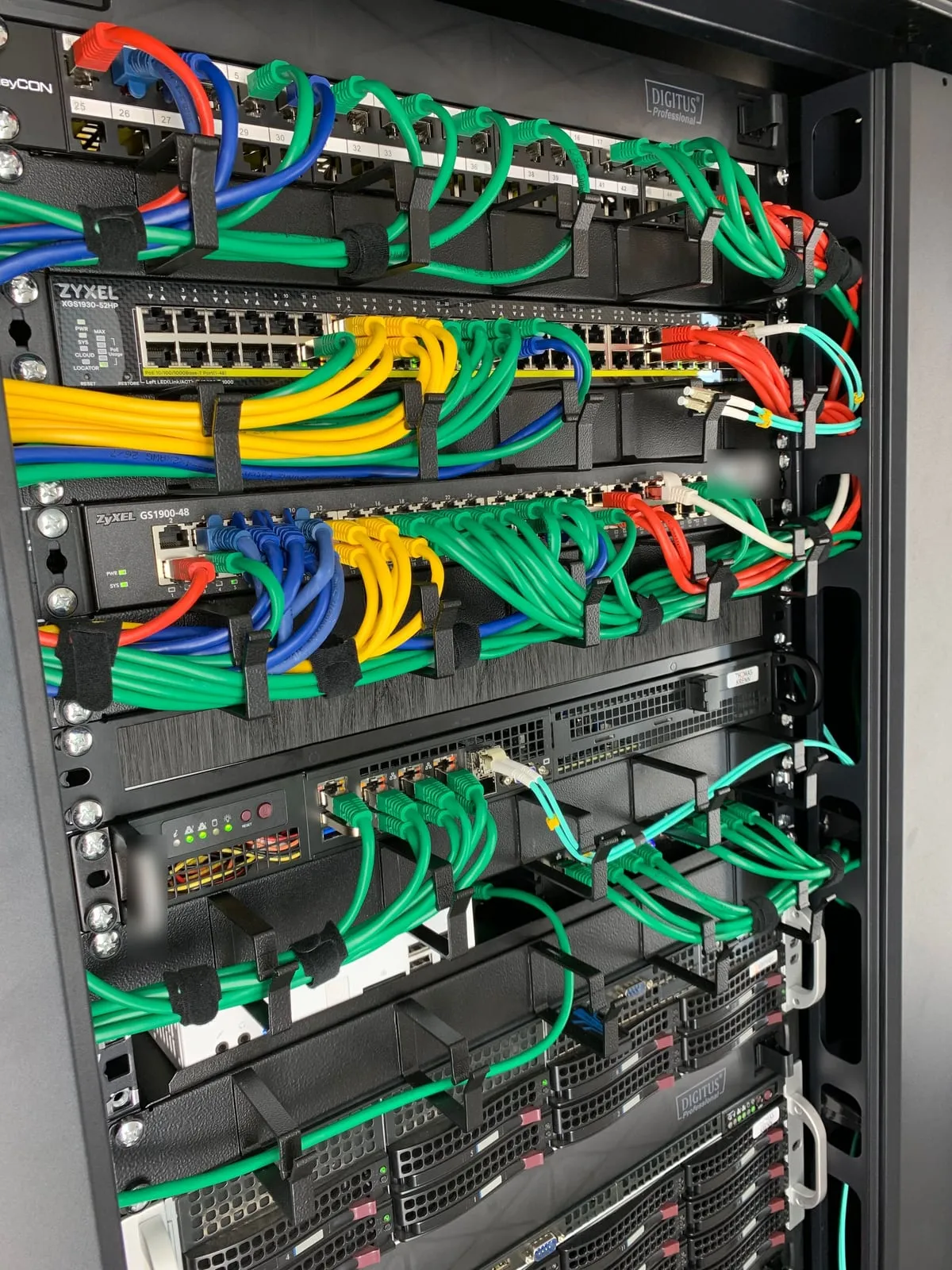 Ordentlich verkabelter Serverschrank mit Netzwerkgeräten und Servern